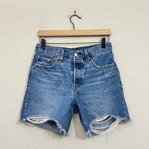 LEVIS 501 Jean Shorts Blue Denim Button Fly Distressed Cut Off Jorts